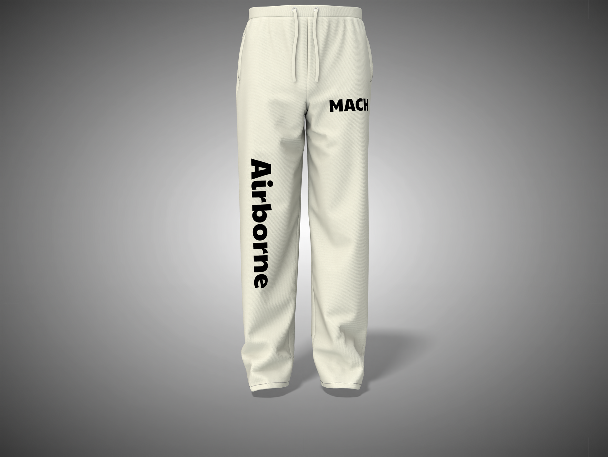 Off White sweatpants with black text on a gray background