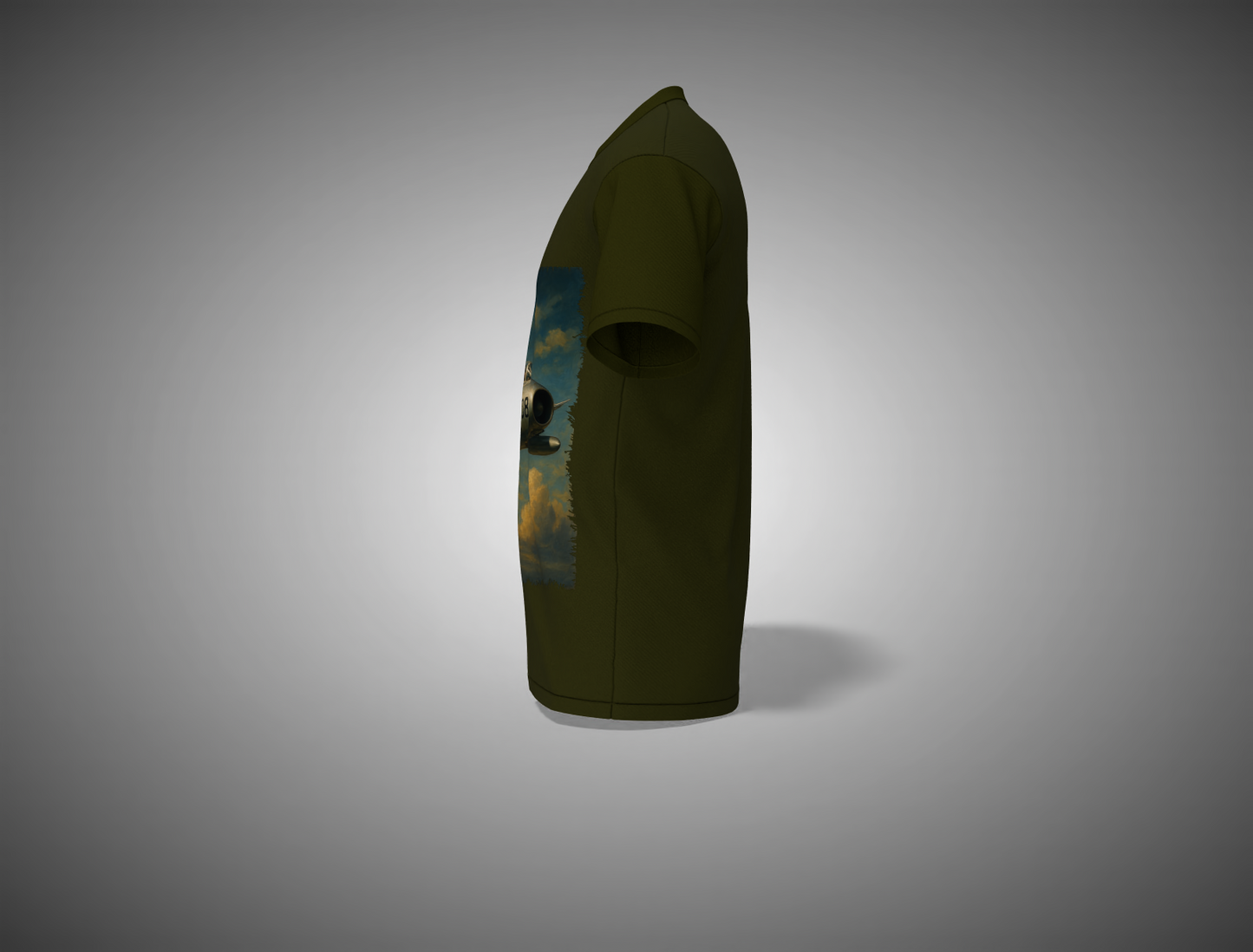 Olive Green t-shirt with a colorful graphic on a gray background