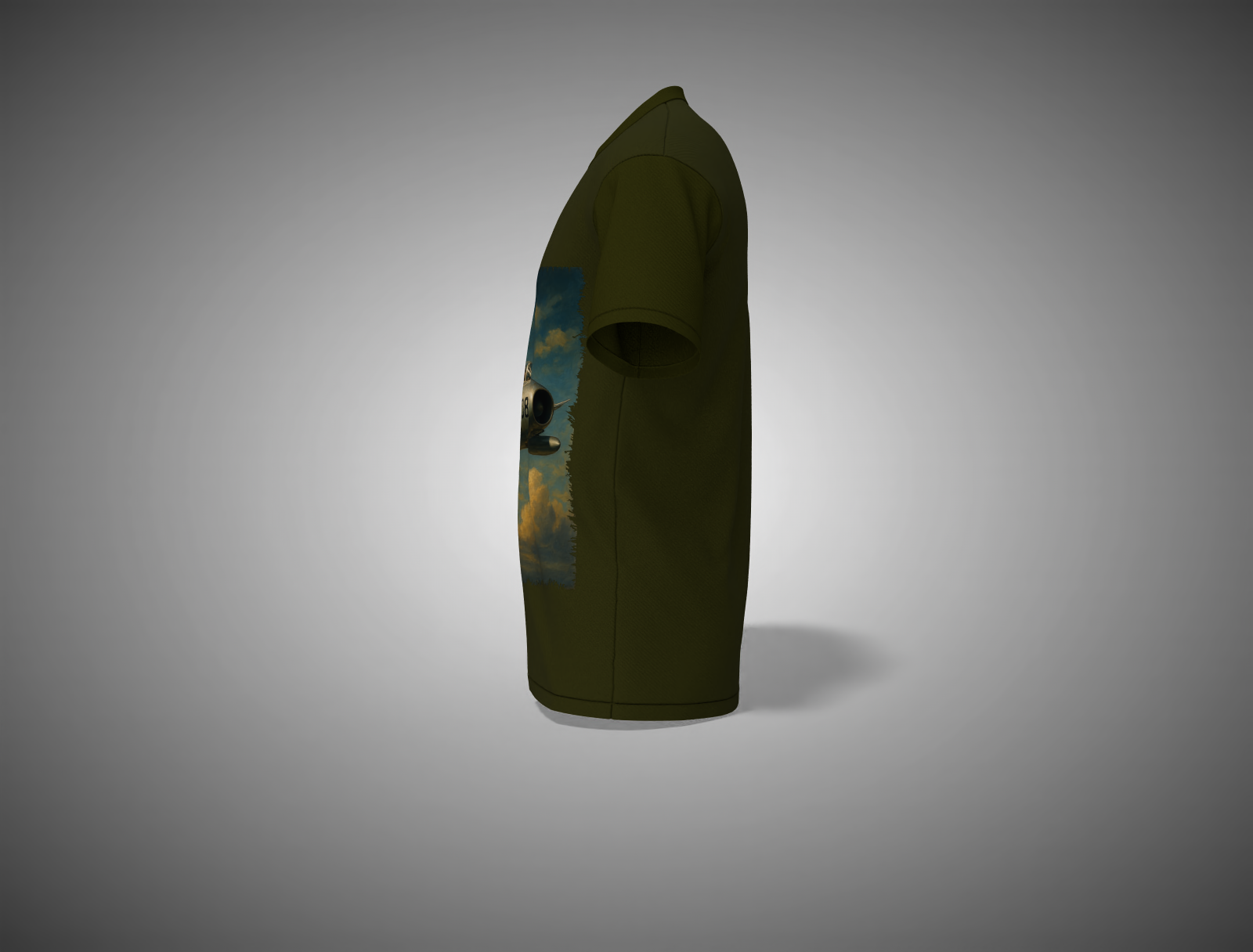 Olive Green t-shirt with a colorful graphic on a gray background