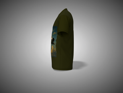 Olive Green t-shirt with a colorful graphic on a gray background