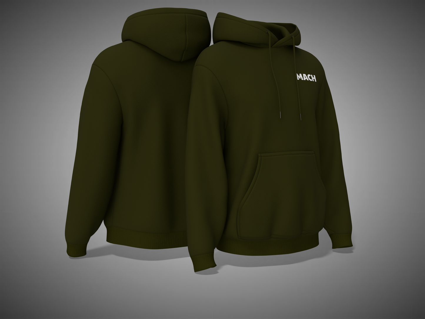 Olive Green hoodie with 'MACH' branding on a gray background