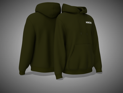 Olive Green hoodie with 'MACH' branding on a gray background