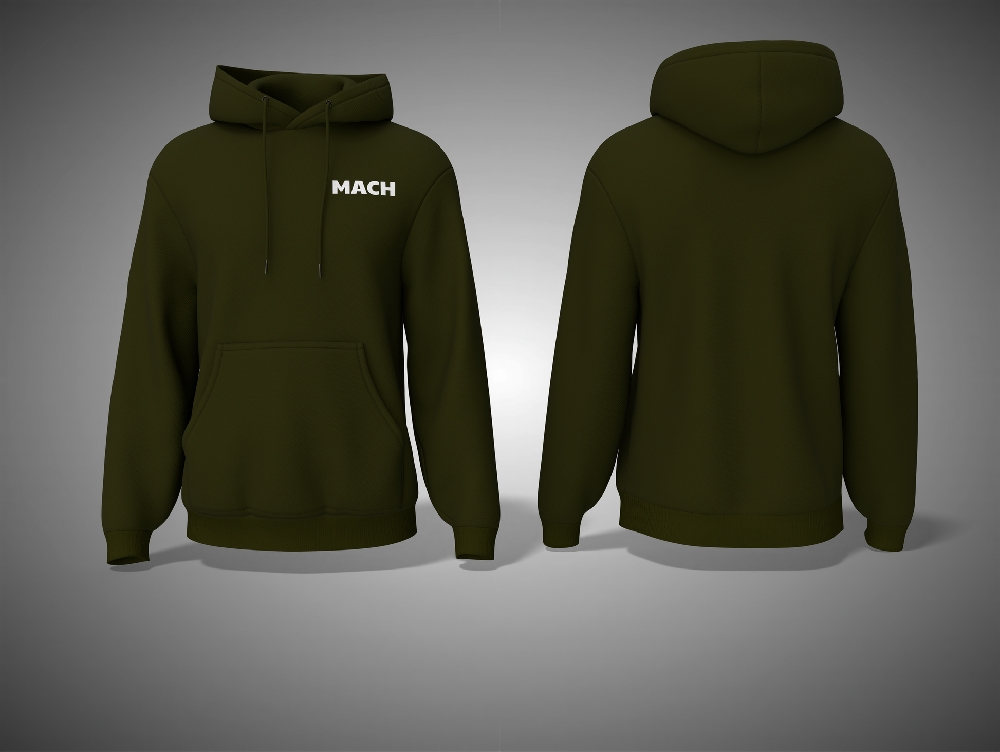 Olive Green hoodie with 'MACH' logo on a gray background