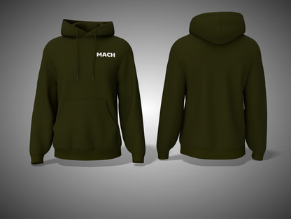 Olive Green hoodie with 'MACH' logo on a gray background