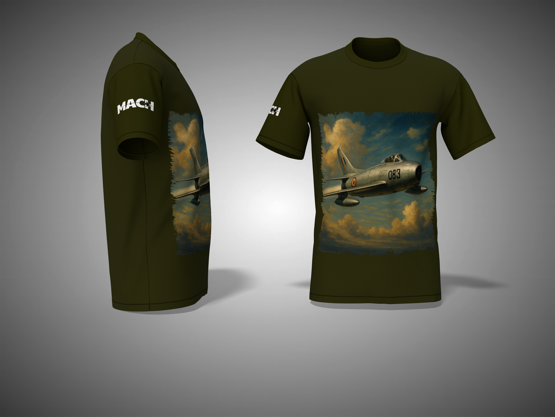 Olive Green t-shirt with airplane graphic on a gray background