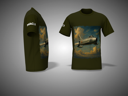 Olive Green t-shirt with airplane graphic on a gray background