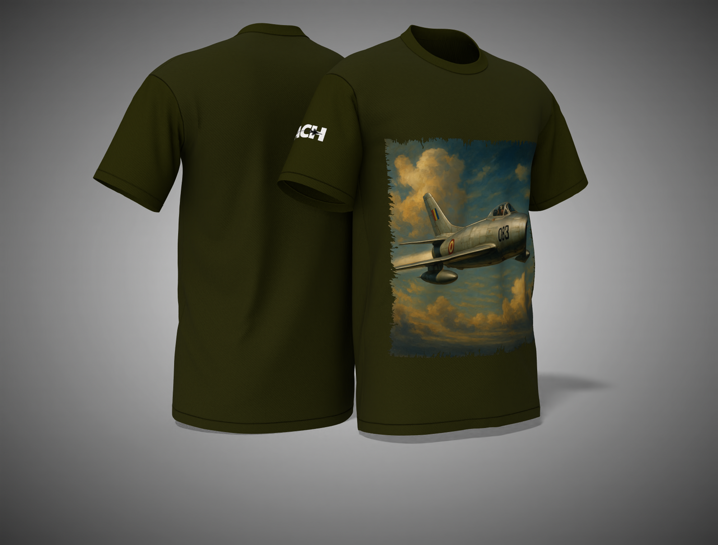 Olive Green t-shirt with airplane graphic on a gray background