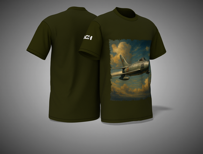 Olive Green t-shirt with airplane graphic on a gray background