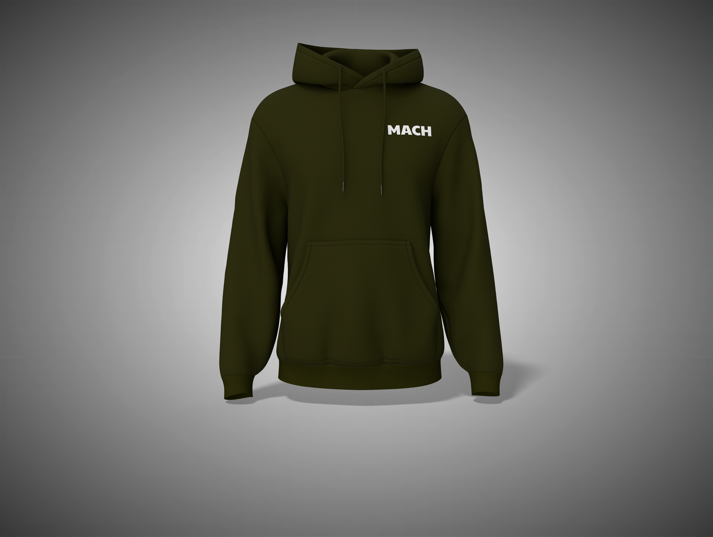 Olive Green hoodie with 'MACH' logo on a gray background