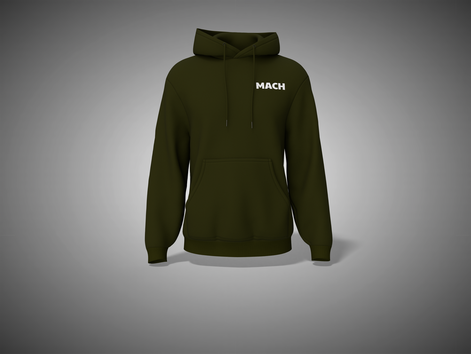 Olive Green hoodie with 'MACH' logo on a gray background