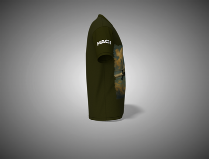 Olive Green hoodie with camouflage pattern on a gray background