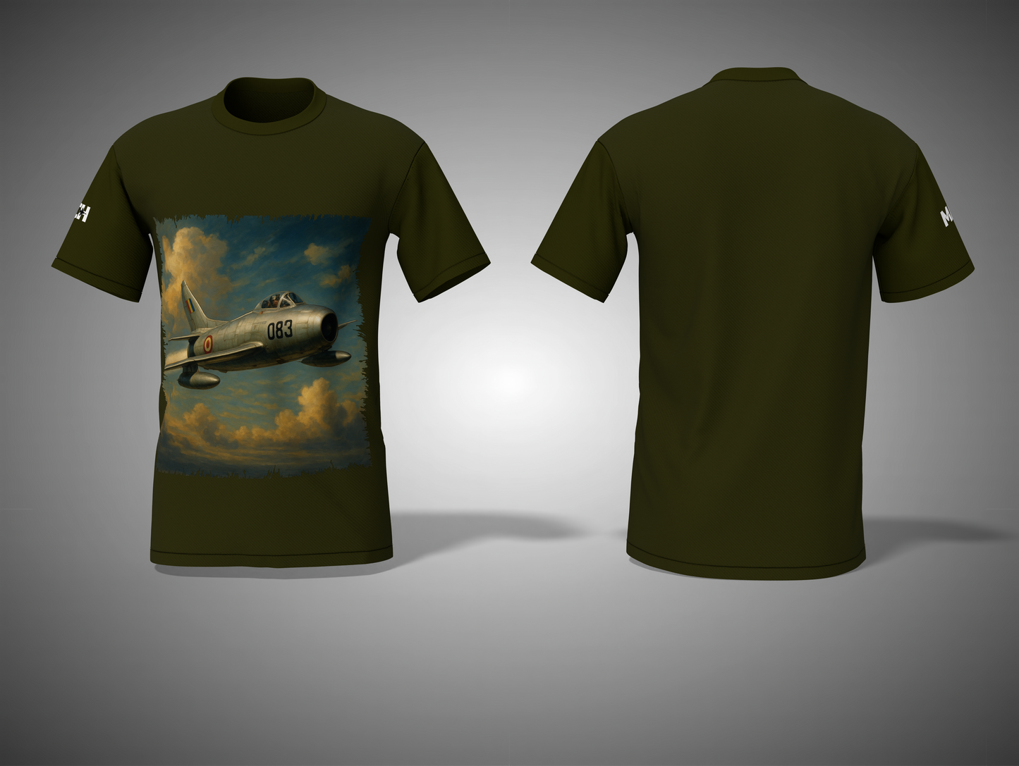 Olive Green t-shirt with a vintage airplane graphic on a gray background
