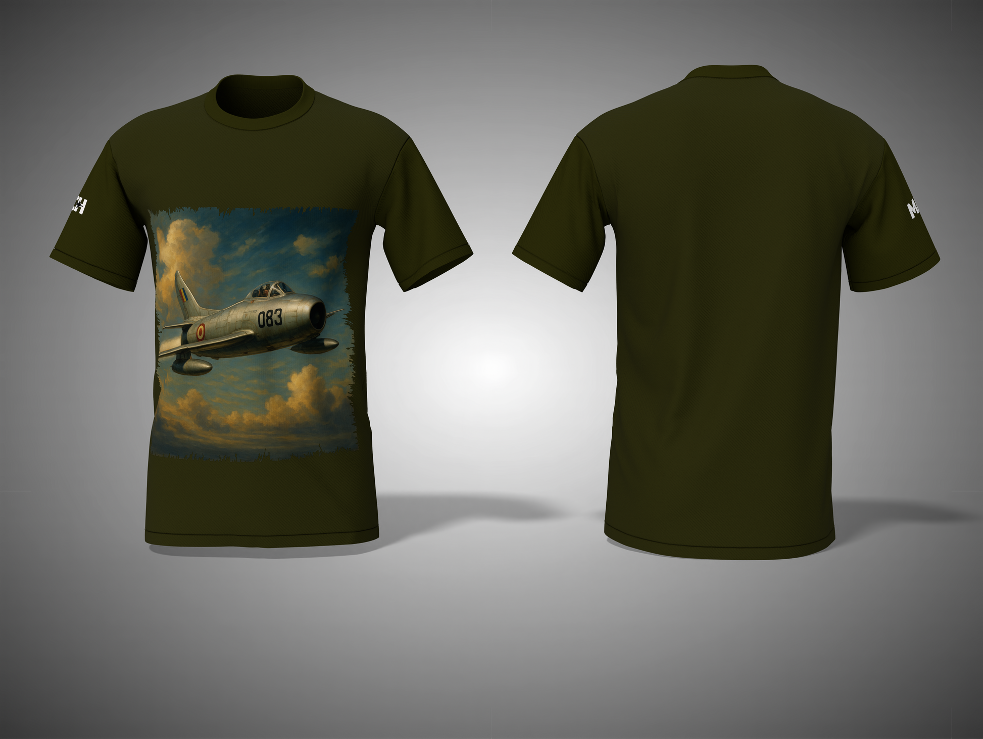 Olive Green t-shirt with a vintage airplane graphic on a gray background