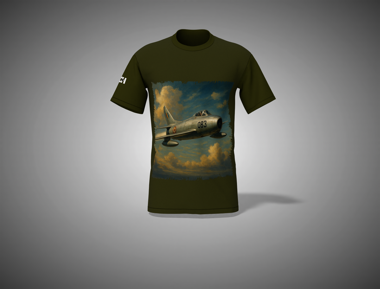 Olive Green t-shirt with a graphic of an airplane on a gray background