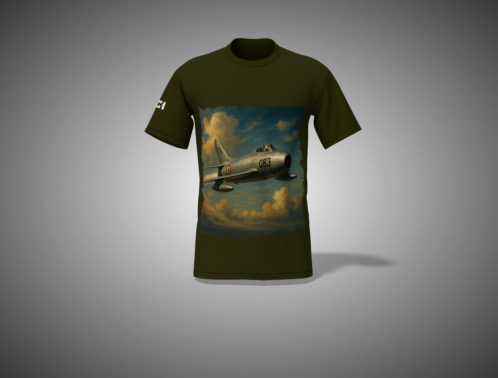 Olive Green t-shirt with a graphic of an airplane on a gray background