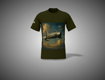 Olive Green t-shirt with a graphic of an airplane on a gray background
