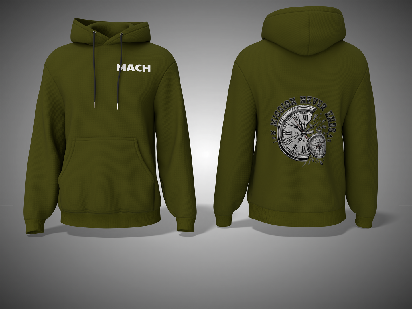 Olive Green hoodie with 'MACH' text on the front and a clock design on the back, shown from front and back views.