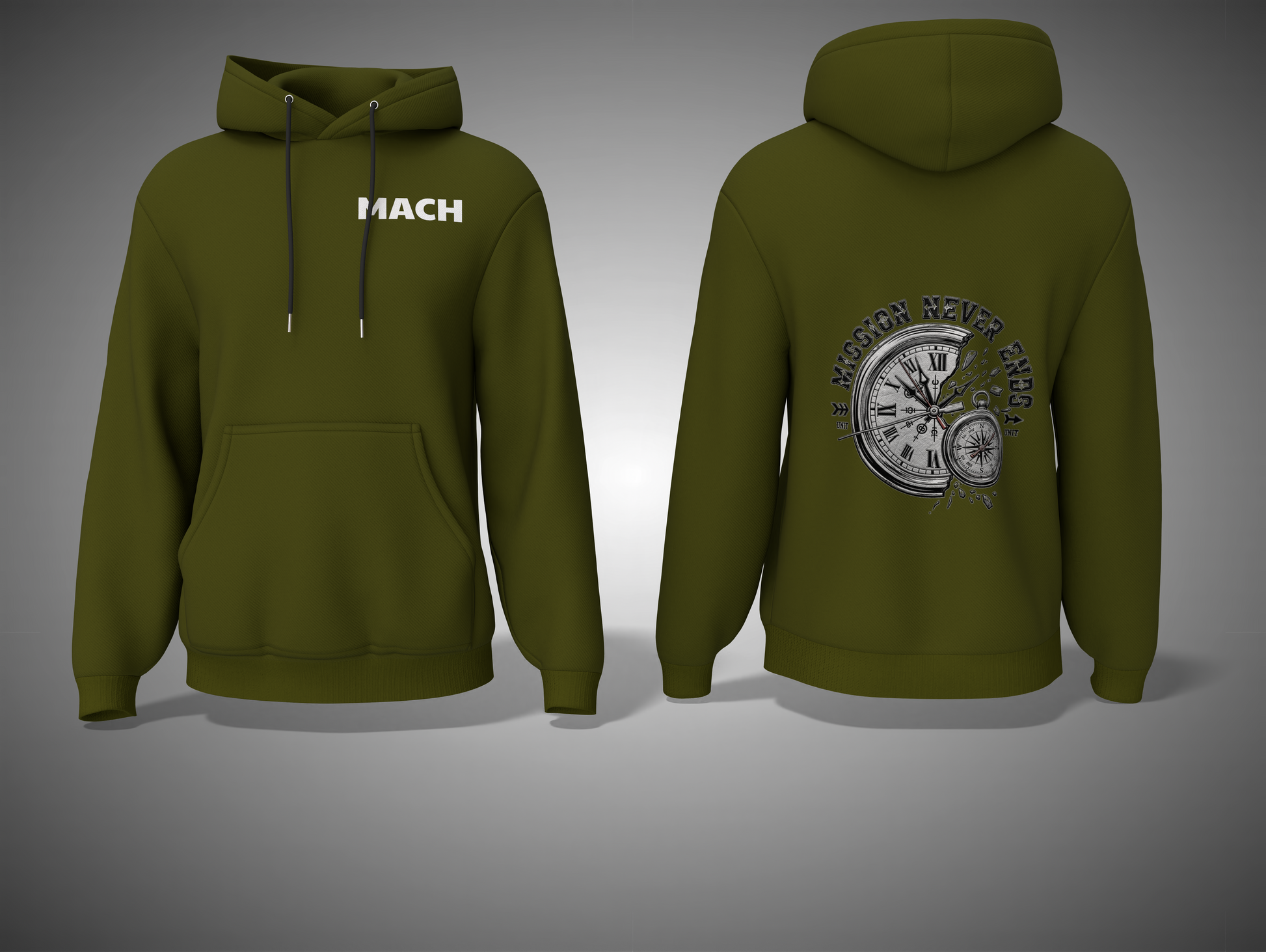 Olive Green hoodie with 'MACH' text on the front and a clock design on the back, shown from front and back views.