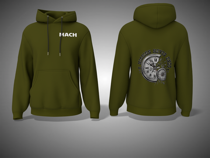 Olive Green hoodie with 'MACH' text on the front and a clock design on the back, shown from front and back views.