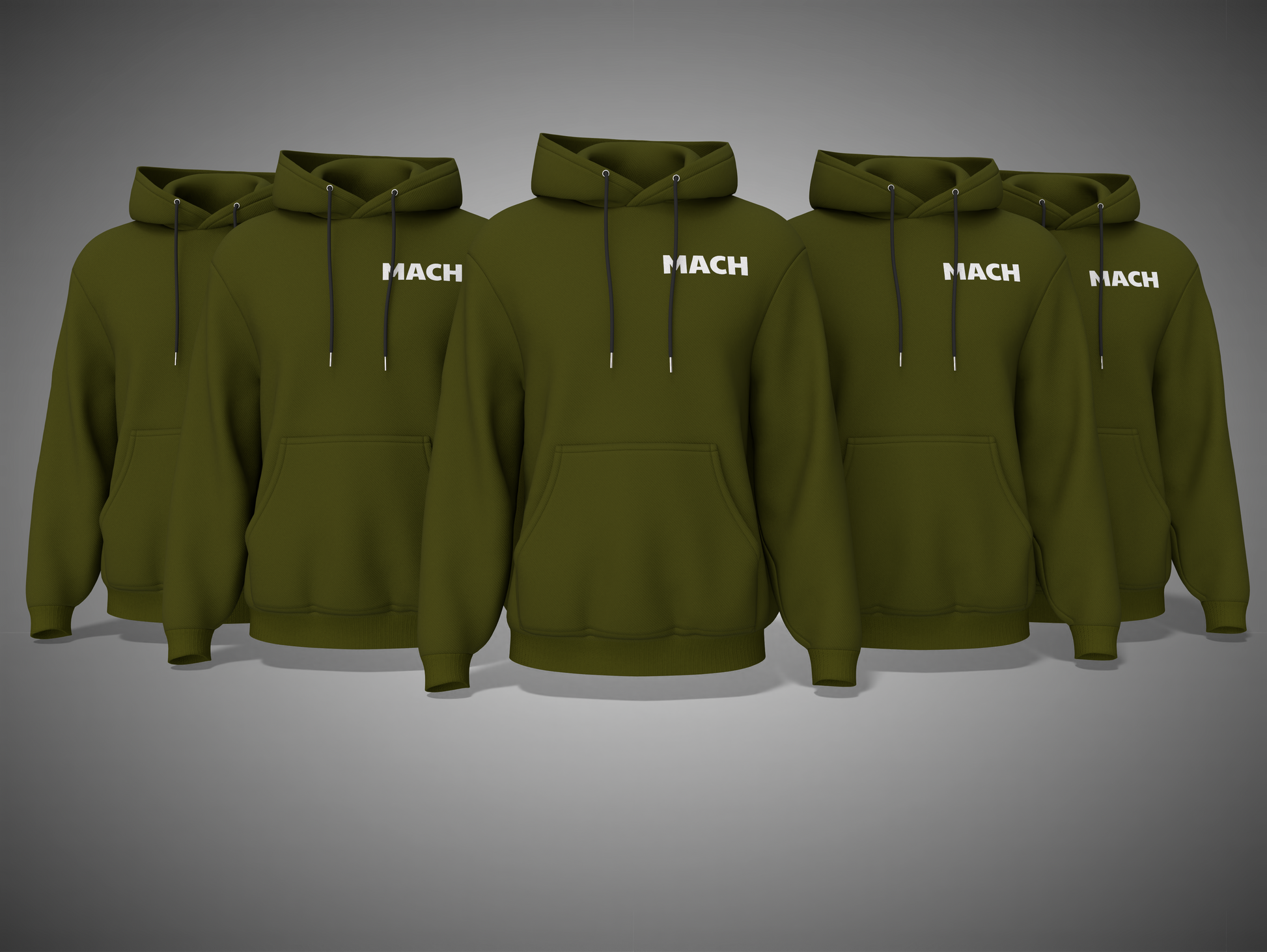Olive Green hoodies with 'MACH' branding on a gray background