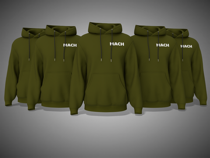 Olive Green hoodies with 'MACH' branding on a gray background