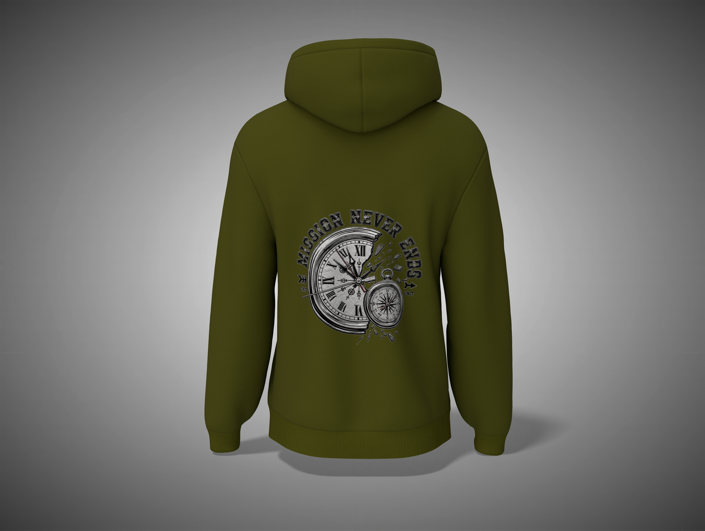 Olive Green hoodie with a clock design on the back against a gray background