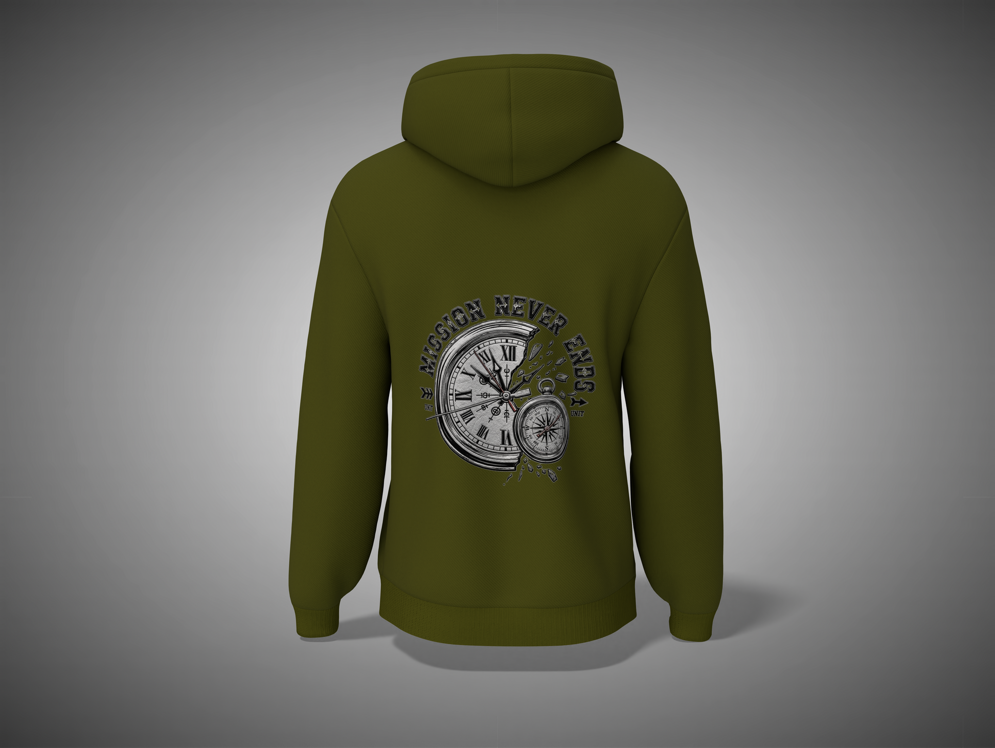 Olive Green hoodie with a clock design on the back against a gray background