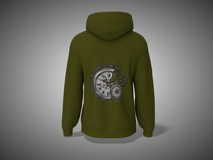 Olive Green hoodie with a clock design on the back against a gray background