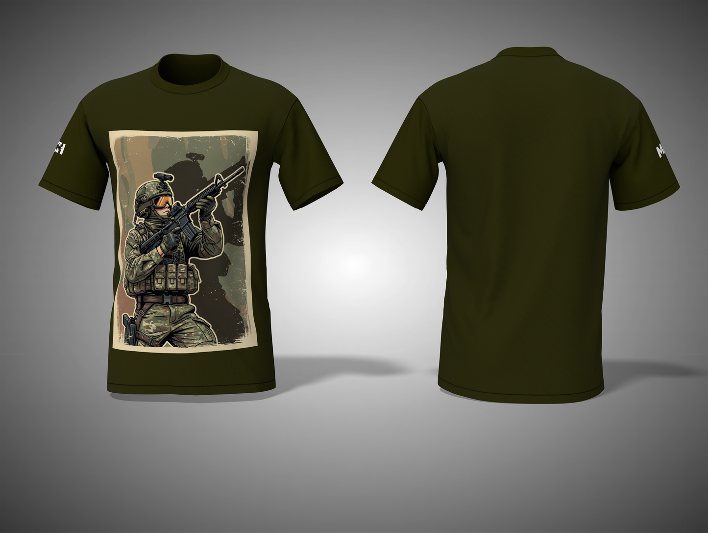 Olive Green t-shirt with graphic design of a soldier holding a rifle on a gray background