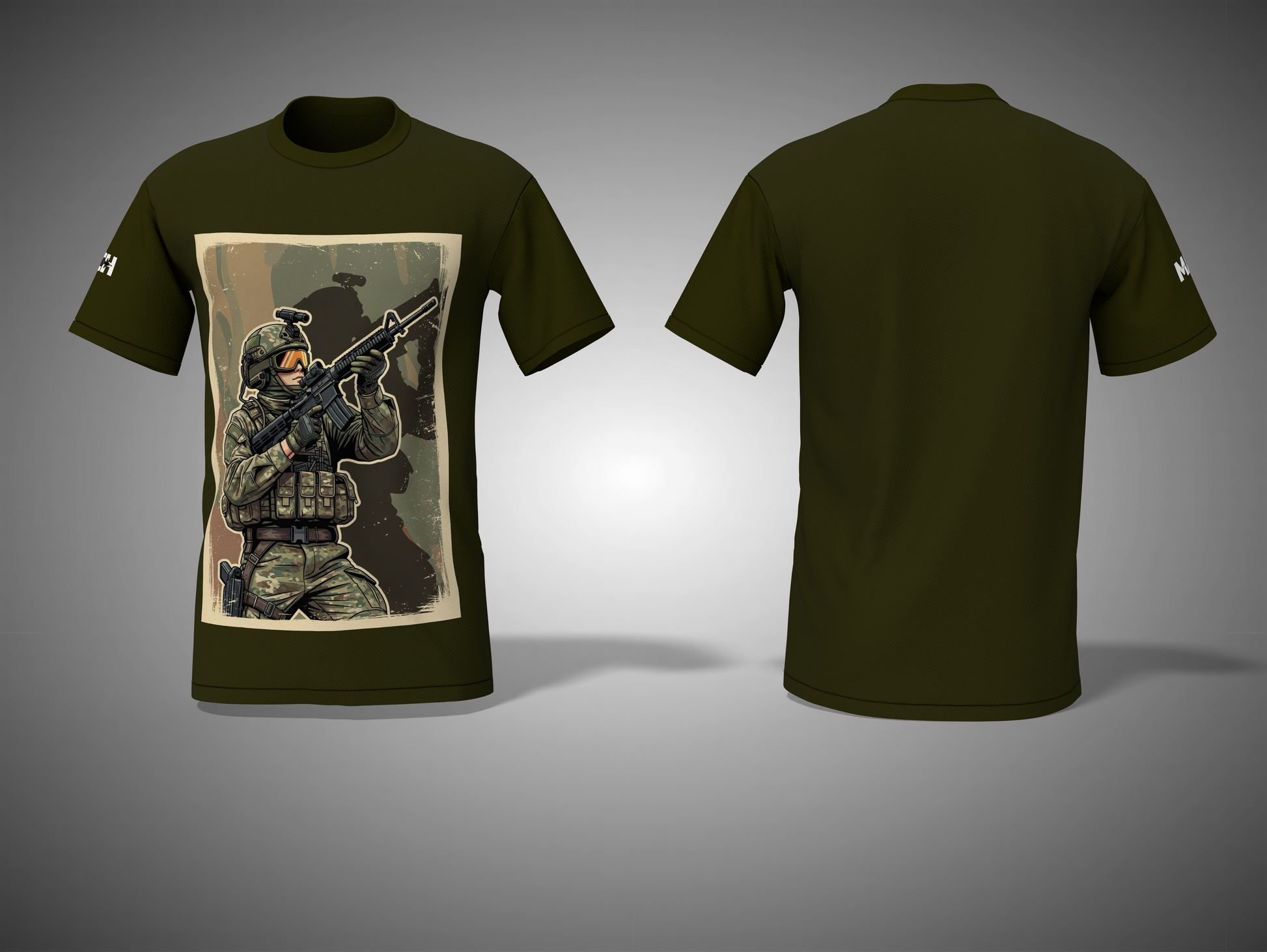 Olive Green t-shirt with graphic design of a soldier holding a rifle on a gray background
