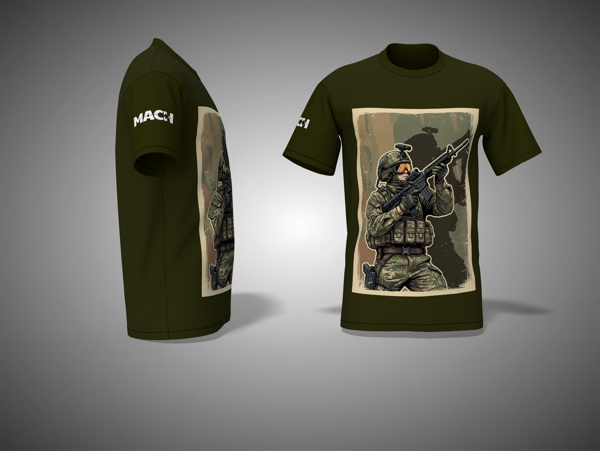 Olive Green t-shirt with graphic design of a soldier holding a rifle on a gray background