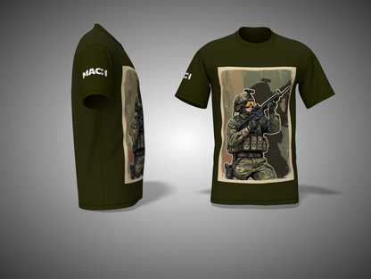 Olive Green t-shirt with graphic design of a soldier holding a rifle on a gray background