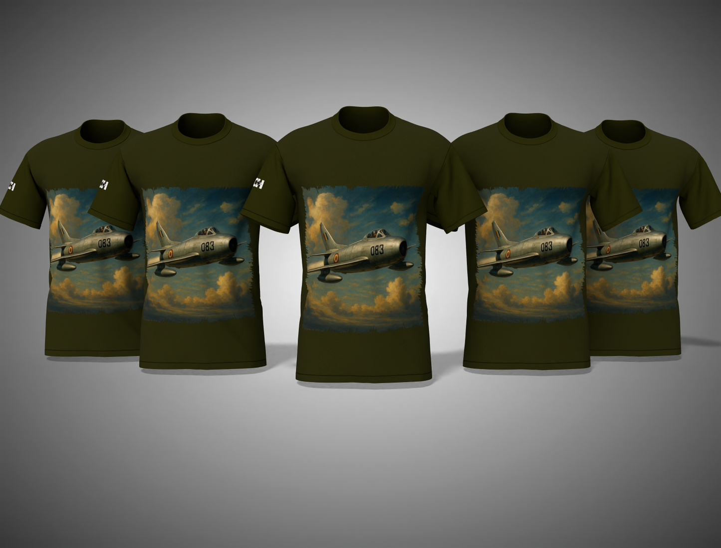 Olive green t-shirts with an airplane graphic on a gray background
