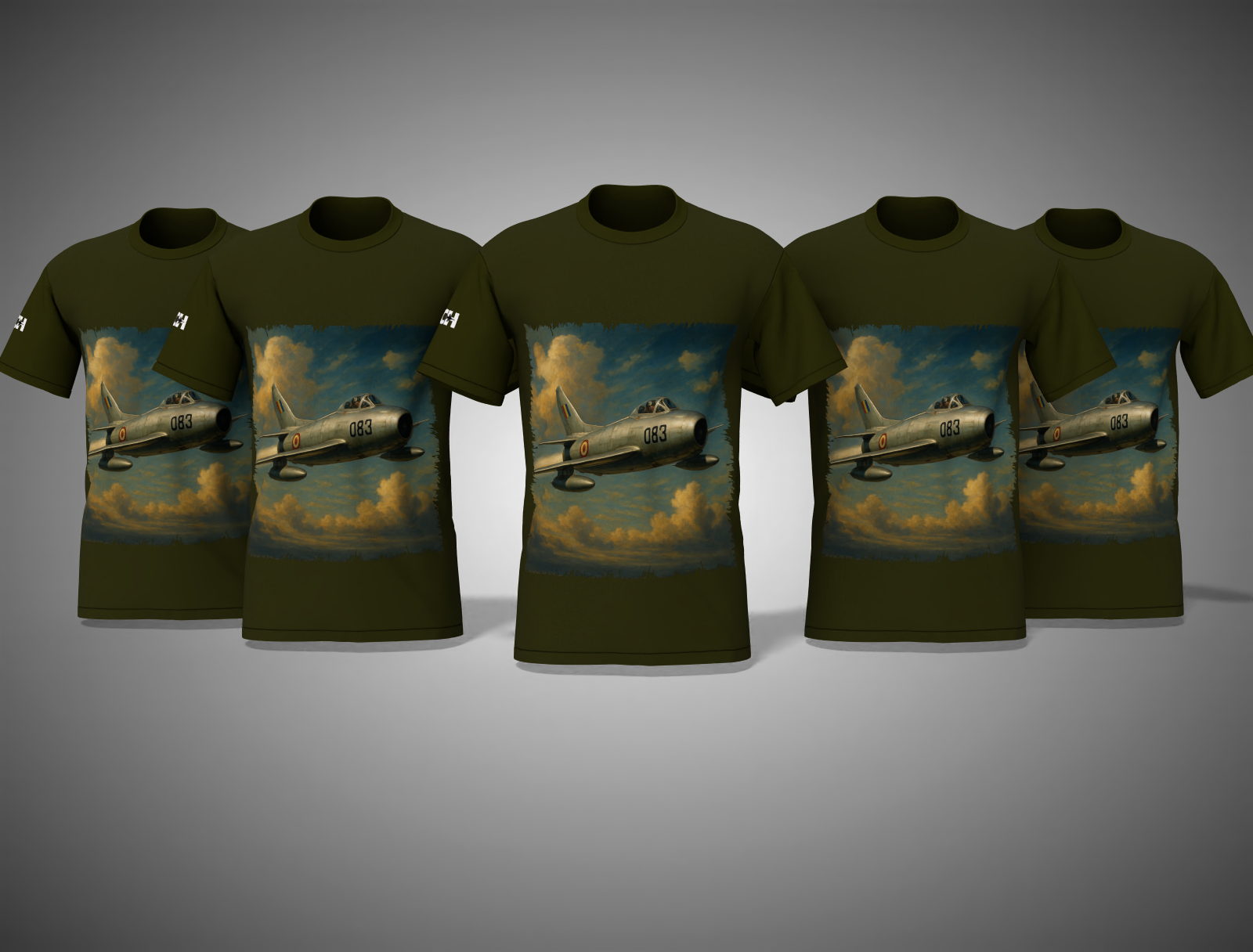 Olive green t-shirts with an airplane graphic on a gray background
