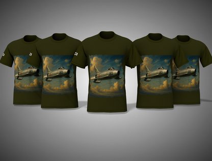 Olive green t-shirts with an airplane graphic on a gray background