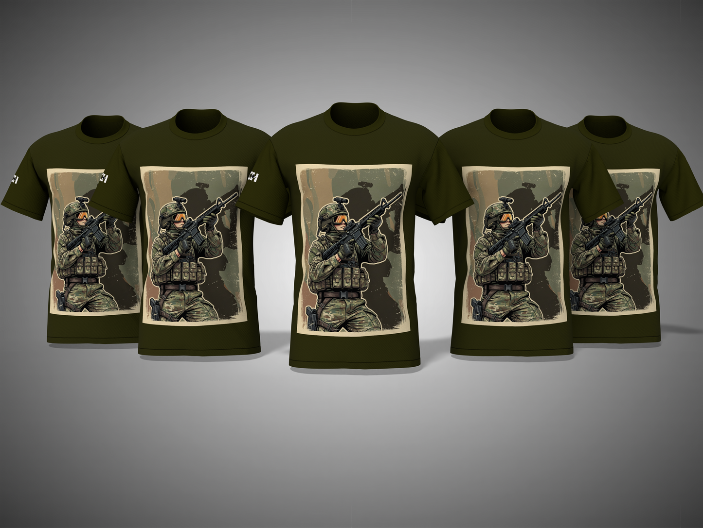 Olive Green t-shirts with printed graphics on a gray background