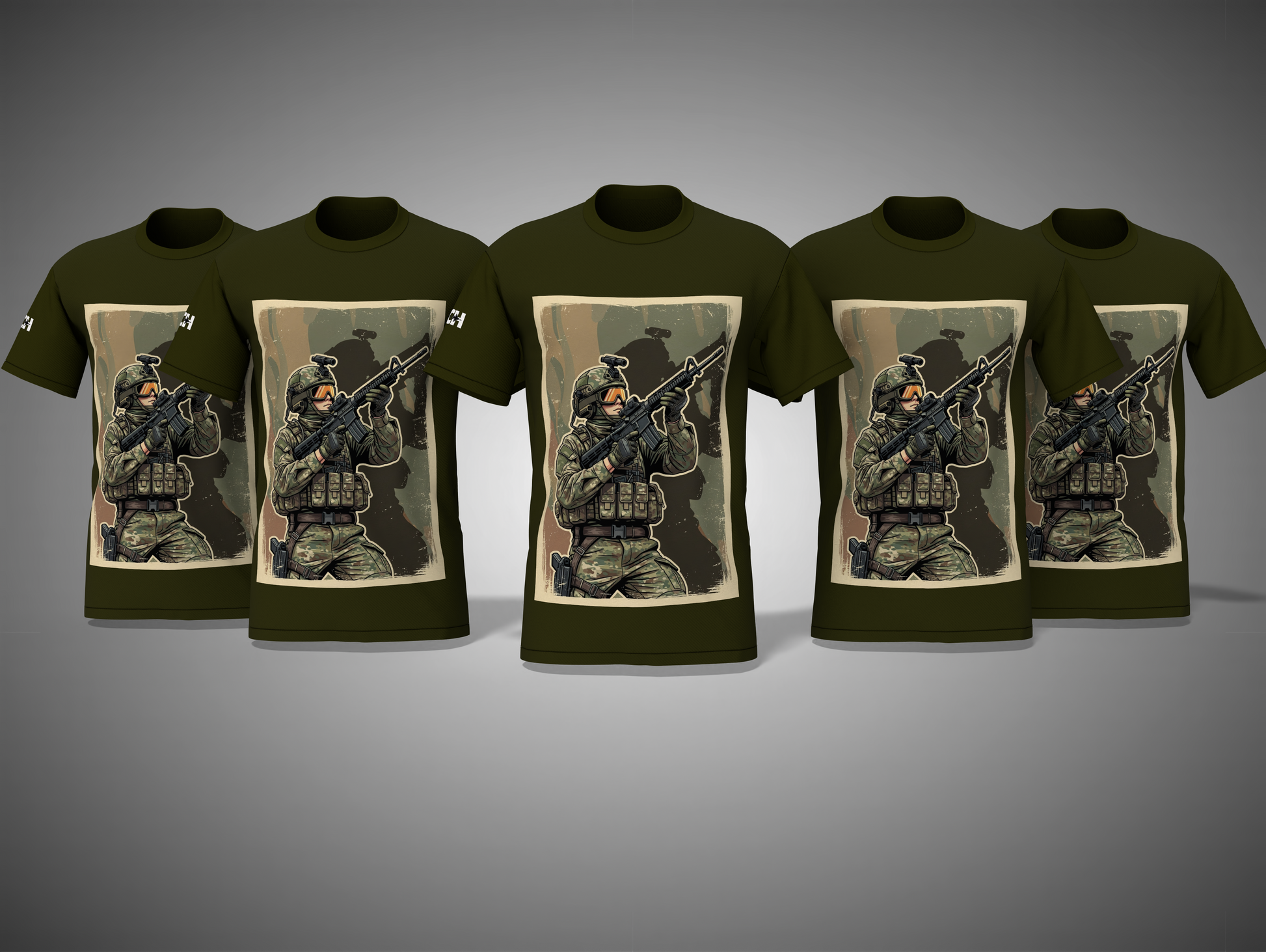 Olive Green t-shirts with printed graphics on a gray background
