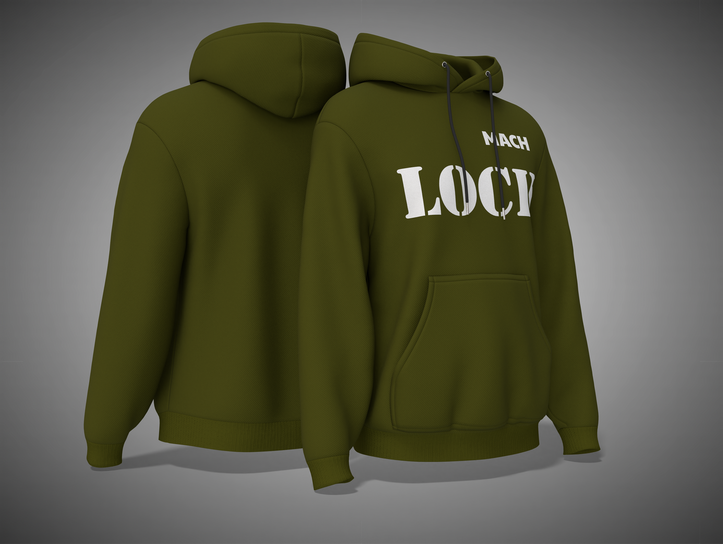 Olive Green hoodie with 'MACH LOCV' text on a gray background