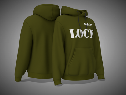 Olive Green hoodie with 'MACH LOCV' text on a gray background
