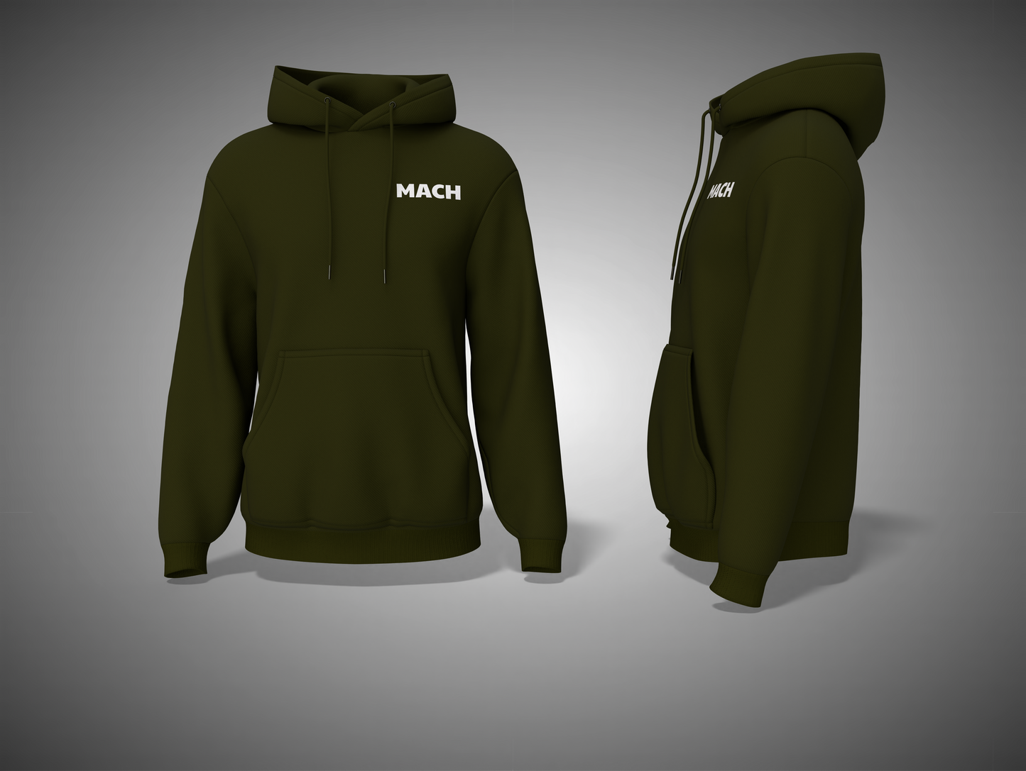 Olive Green hoodie with 'MACH' branding on a gray background