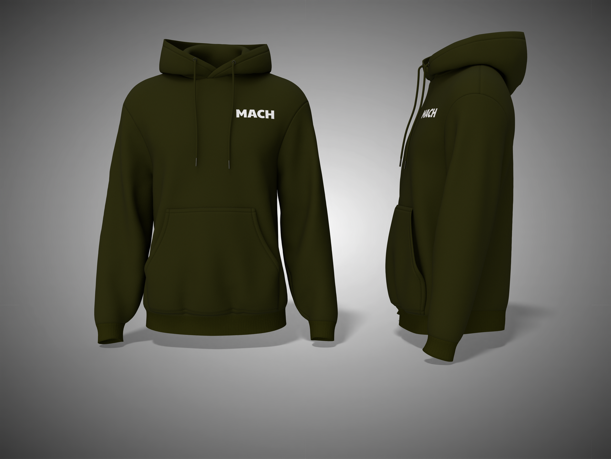 Olive Green hoodie with 'MACH' branding on a gray background