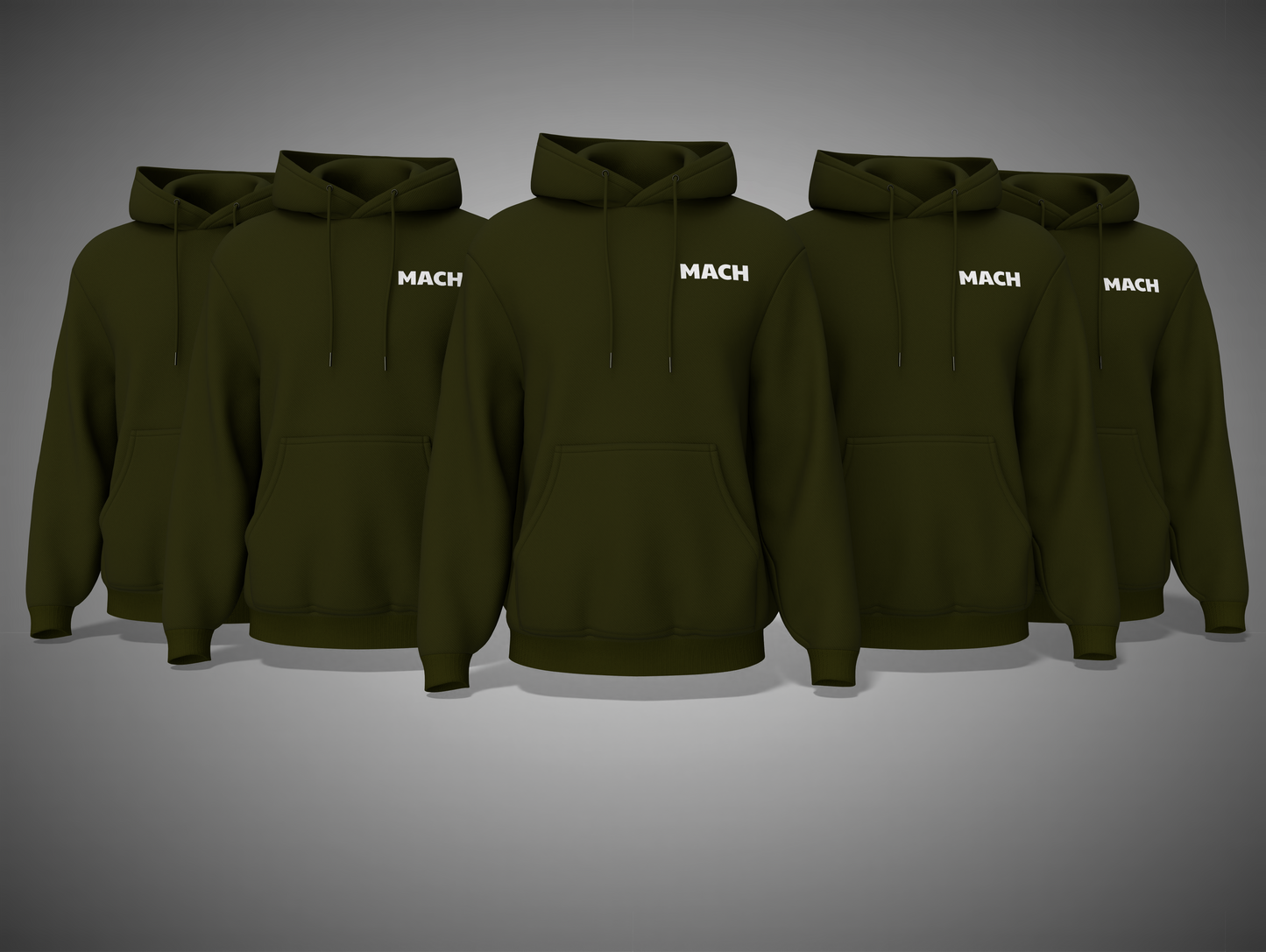Olive Green hoodies with 'MACH' branding on a gray background