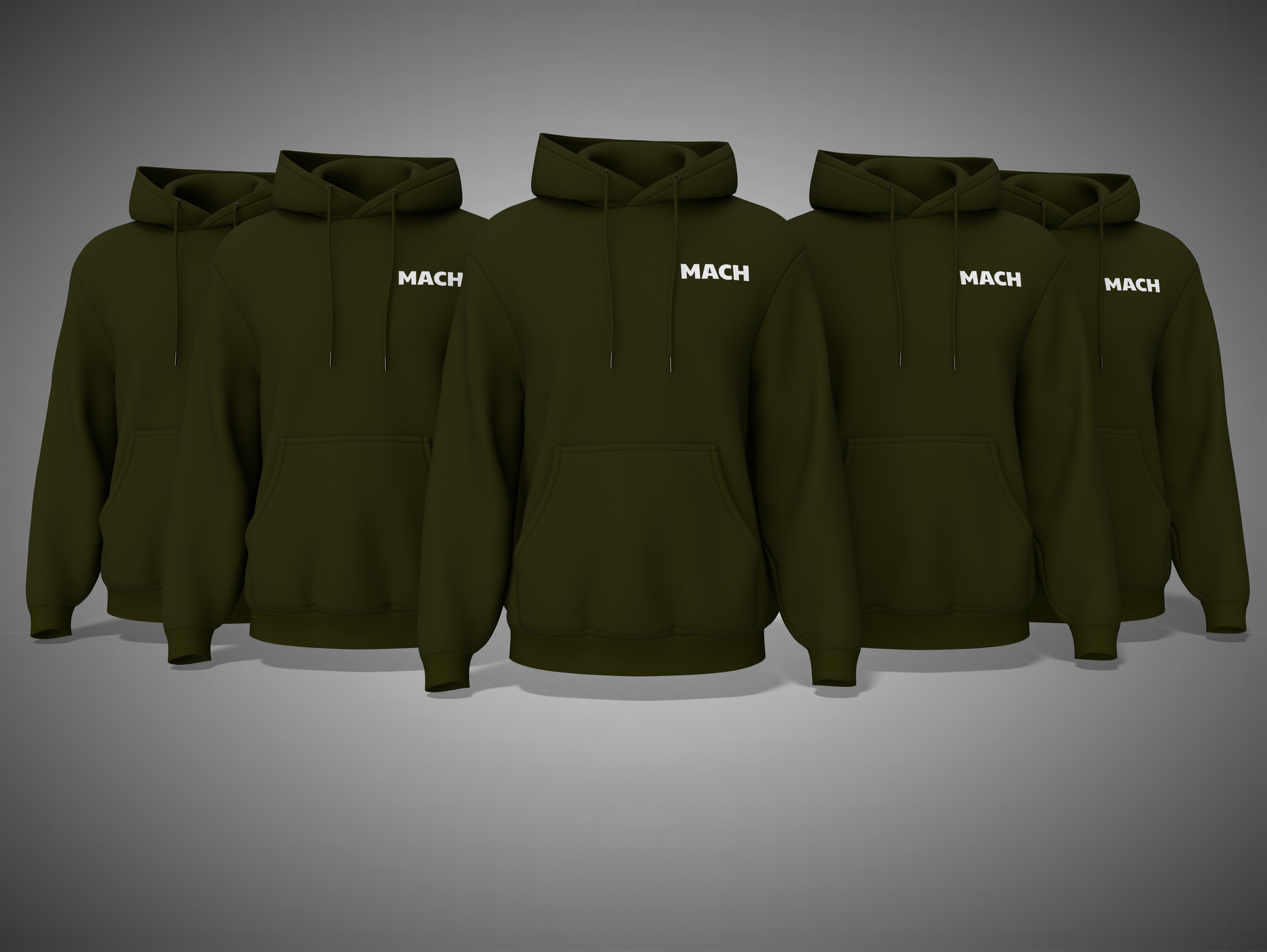Olive Green hoodies with 'MACH' branding on a gray background