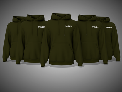 Olive Green hoodies with 'MACH' branding on a gray background