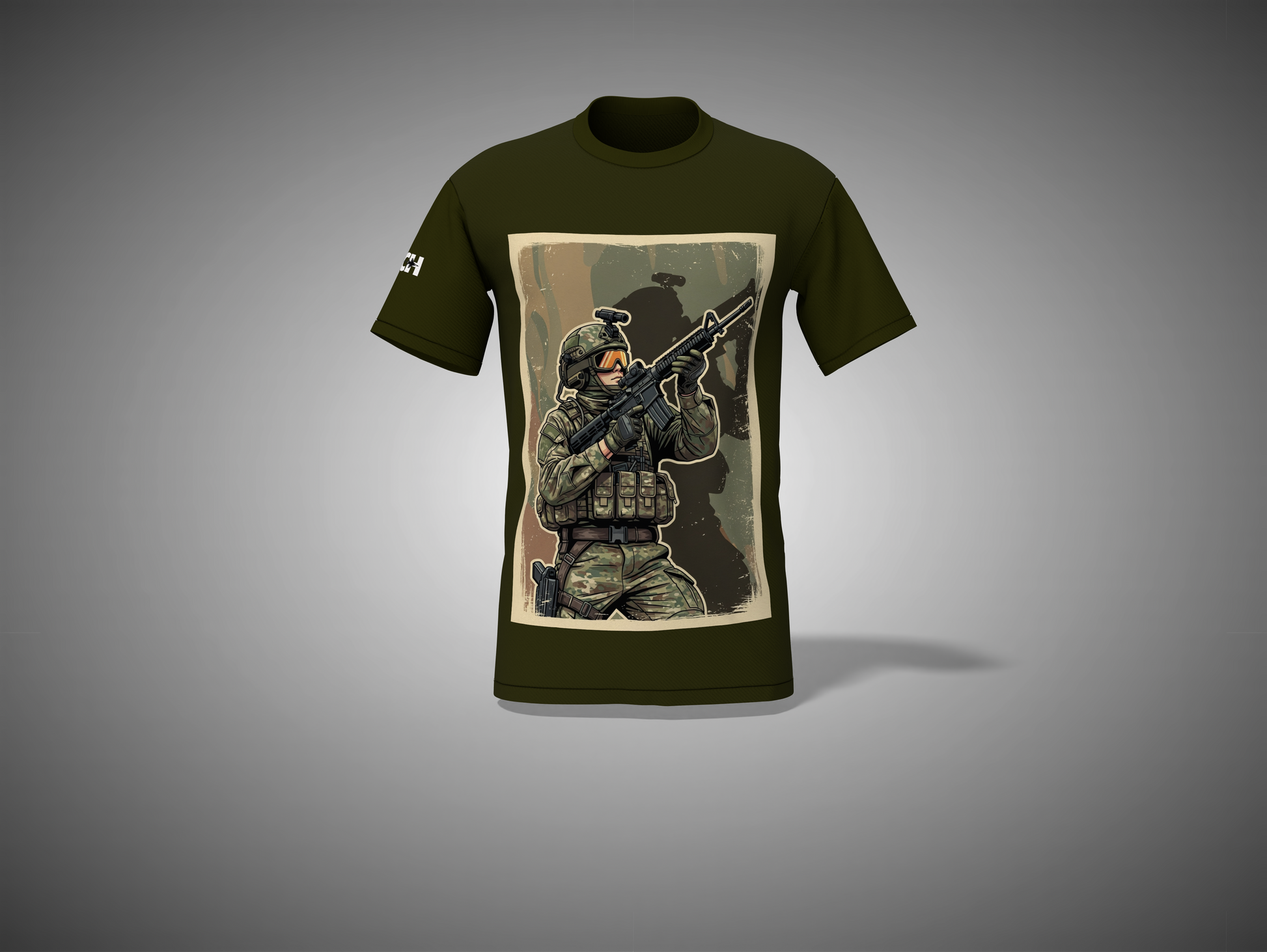 Olive Green t-shirt with a graphic of a soldier holding a rifle on a gray background