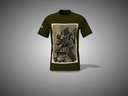 Olive Green t-shirt with a graphic of a soldier holding a rifle on a gray background