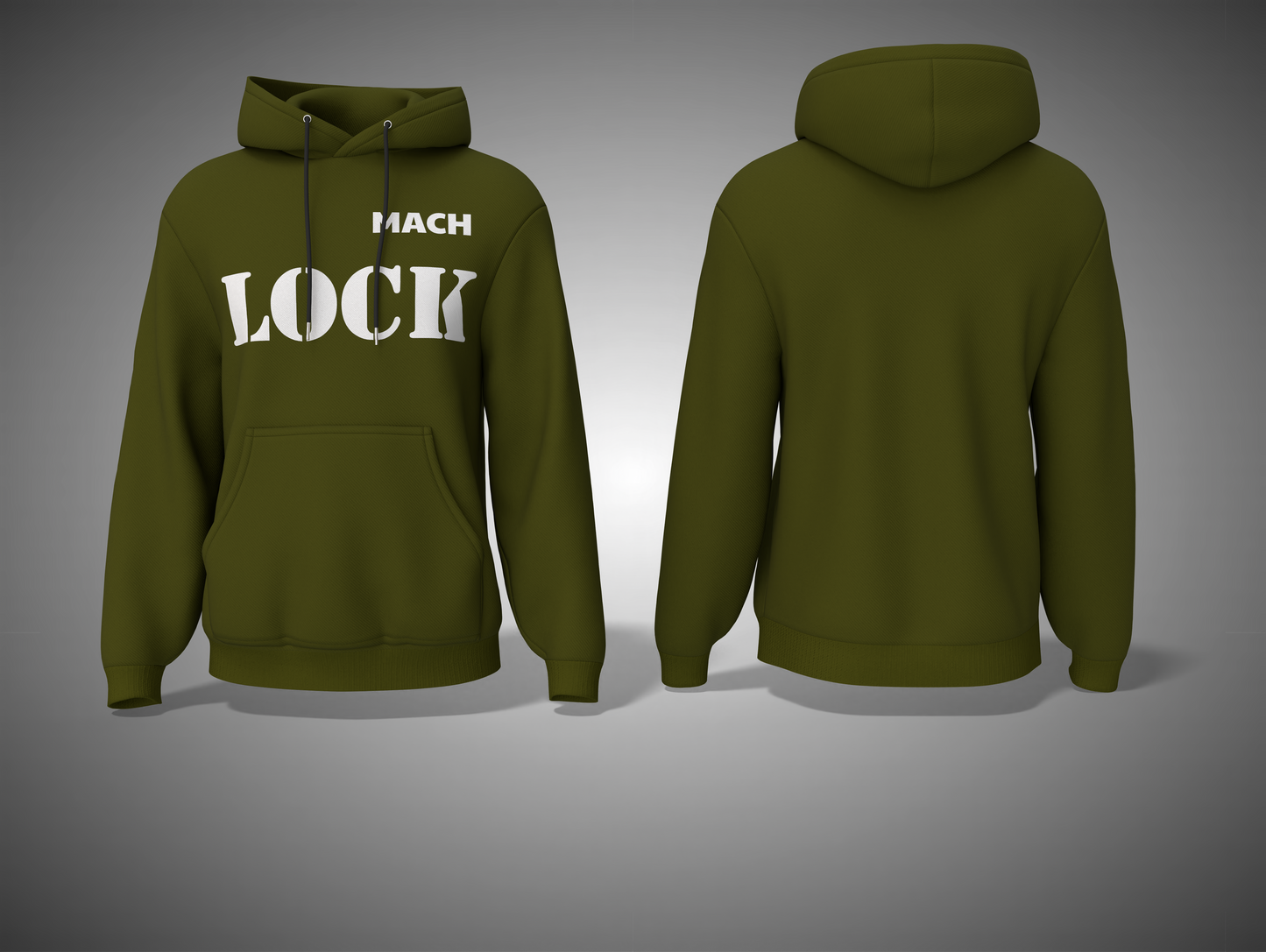 Olive Green hoodie with 'MACH LOCK' text on a gray background