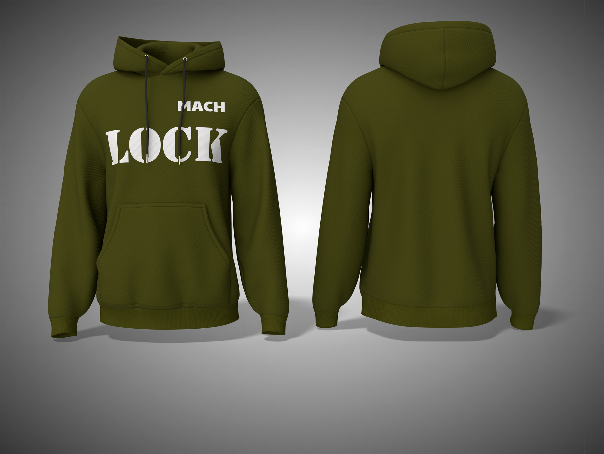 Olive Green hoodie with 'MACH LOCK' text on a gray background