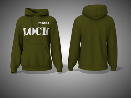 Olive Green hoodie with 'MACH LOCK' text on a gray background