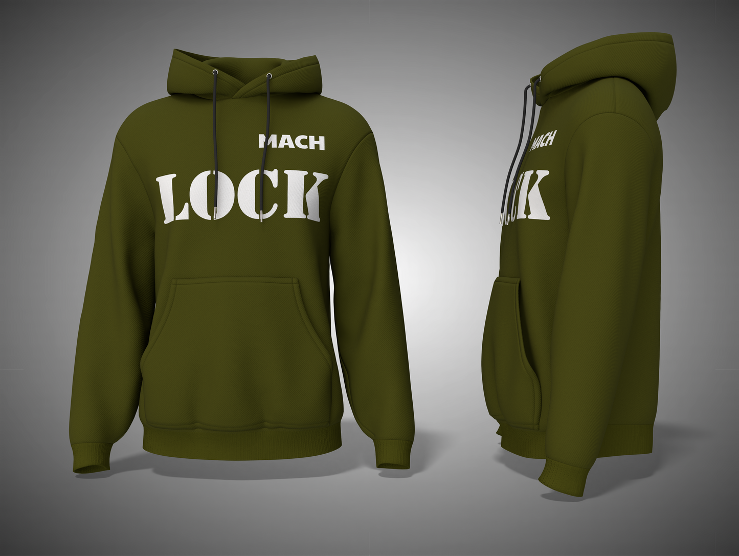 Olive Green hoodie with 'MACH LOCK' text on a gray background